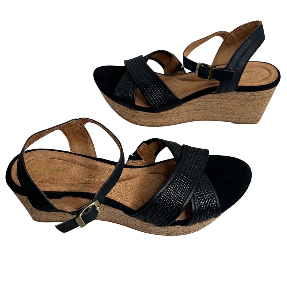 Clarks Elleri Plum Black Leather Strappy Platform Wedge Sandals‎ Size 10 boho